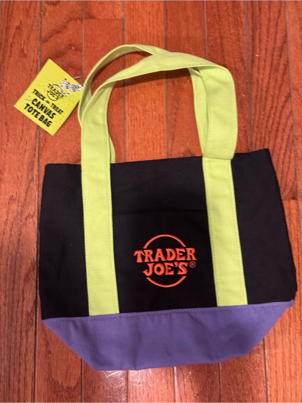 Trader Joe's Black Canvas Small Tote with Purple Base and Lime Handles